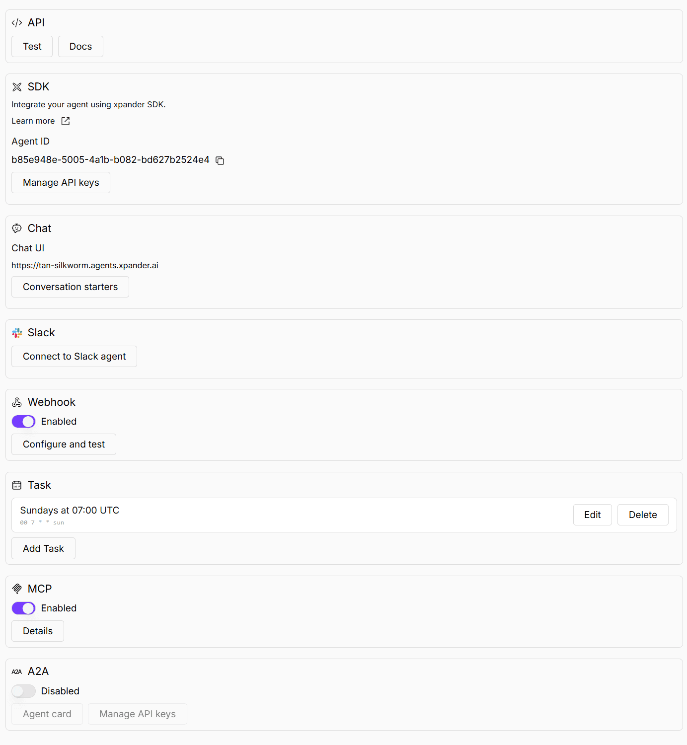 Channels — API, SDK, Chat, Slack, Webhook, Task, MCP, A2A